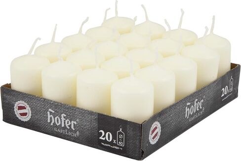 Hofer Ivory Pillar Candles - Set of 20 Unscented Small Candles in Bulk - 1.57 x 2.76 Inch - 11 Hours Long Burning Decorative Candles - Dripless Wax - Smokeless Wick - RAL Quality - Made in Austria in Saudi Arabia