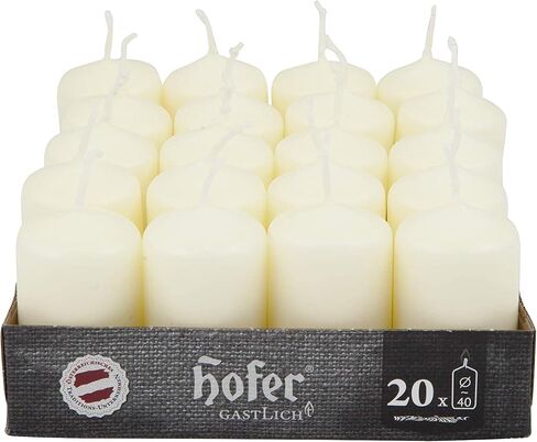 Hofer Ivory Pillar Candles - Set of 20 Unscented Small Candles in Bulk - 1.57 x 2.76 Inch - 11 Hours Long Burning Decorative Candles - Dripless Wax - Smokeless Wick - RAL Quality - Made in Austria in Saudi Arabia
