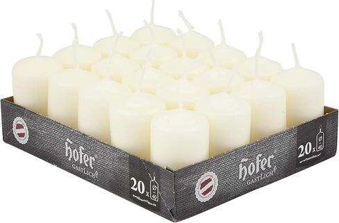 Hofer Ivory Pillar Candles - Set of 20 Unscented Small Candles in Bulk - 1.57 x 2.76 Inch - 11 Hours Long Burning Decorative Candles - Dripless Wax - Smokeless Wick - RAL Quality - Made in Austria in Saudi Arabia