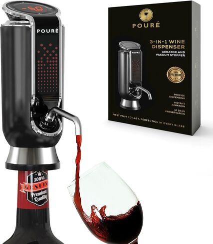 POURÉ 3-IN-1 Wine Dispenser Aerator and Vacuum Stopper - Electric Liquor Decanter Pourer & Preserver - Touch Screen LED Display - Wine Temperature Monitor - Gift for Wine Lover (Black) in Saudi Arabia