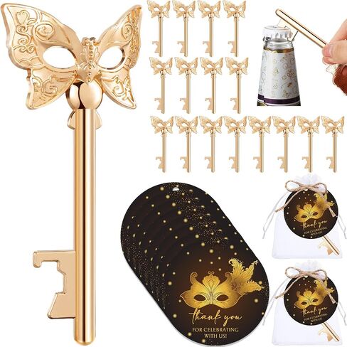 25 Sets Masquerade Party Favors Metal Mask Design Bottle Openers Thank You Cards Organza Bags with Twine for Birthday Party Gifts Quinceanera Guests Souvenirs in Saudi Arabia