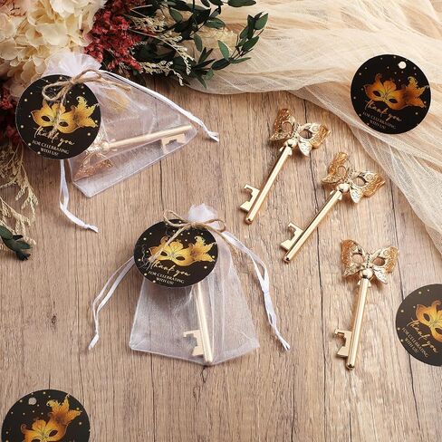 25 Sets Masquerade Party Favors Metal Mask Design Bottle Openers Thank You Cards Organza Bags with Twine for Birthday Party Gifts Quinceanera Guests Souvenirs in Saudi Arabia