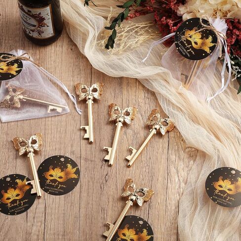 25 Sets Masquerade Party Favors Metal Mask Design Bottle Openers Thank You Cards Organza Bags with Twine for Birthday Party Gifts Quinceanera Guests Souvenirs in Saudi Arabia