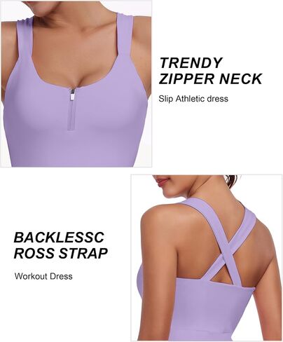 Tennis Golf Dress Womens Backless Cross Strap Athletic Dress with Shorts Workout Zipper Square Neck Dress in Saudi Arabia