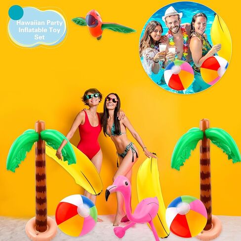 12 حزمة من كرات الشاطئ القابلة للنفخ على شكل شجرة النخيل فلامنغو والببغاء والموز القابلة للنفخ لديكور حفلات الشاطئ في هاواي والأنشطة الخارجية in Kuwait