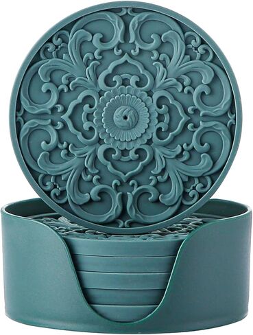 قواعد أكواب سيليكون للمشروبات من كوليندا، 6 عبوات مع حامل، مجموعة حصيرة أكواب للمشروبات الساخنة والباردة ولحماية سطح الطاولة، قواعد أكواب بار، 3 أنماط، أخضر الملكيت in Kuwait