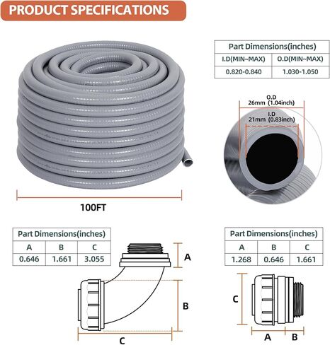 Liquid-Tight Conduit 100 ft and 10 Pieces of Connector Kit, Electrical Conduit 3/4 100ft w/UL Certification, Flexible Conduit with 5 Straight and 5 90-Degree Conduit Connector Fittings in Saudi Arabia