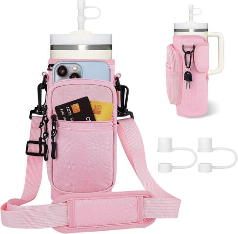 حامل زجاجة مياه مع حزام من القماش حامل زجاجة ماء كحامل ستانلي 40 أونصة، 32-40 أونصة حامل زجاجة مياه قارورة مائية مع مشبك حلقة تسلق قطعة واحدة وأغطية قش 2 قطعة in Kuwait