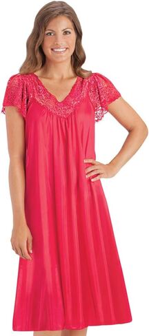 Collections Etc Women's Silky Lace Trim V-Neckline Knee-Length Nightgown with Flutter Lace Sleeves, Royal Blue, Xx-Large in Saudi Arabia