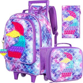 4PCS Rolling Backpack for Girls,Kids Unicorn Bookbag with Roller Wheels, Suitcase School Bag Set for Toddler Elementary