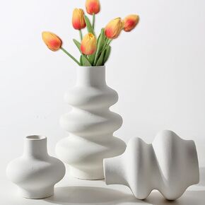 Goaste 3 Pack White Ceramic Vases, Modern Minimalist Bohemian Decor, Decorative Boho Dried Flower Vase, Round Matte Donut Pampas Grass Vase for Wedding Centerpieces Dinner Table Home Decoration