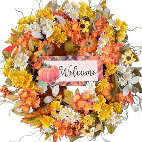 Fall Wreath for Front Door, 20 Inch Fall Welcome Wreaths with Pumpkins Sunflowers Yellow and White Daisies Silk Leaves, Autumn Wreath for Home Porch Front Door Thanksgiving Outdoor Indoor Fall Decor