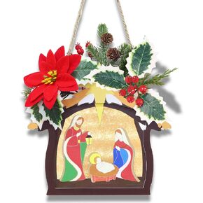 Prelit Christmas Wreath for Front Door Sign with Timer Nativity Scene Battery Operated Poinsettia Holly Wooden Christmas Door Wreath Hanging Christmas Decorations Door Window Xmas Wall Decor