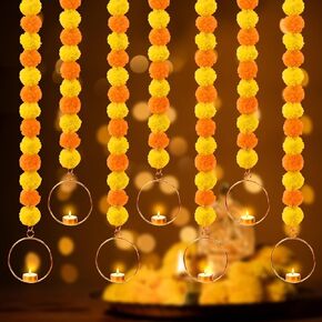 Hotop 5 Pcs Marigold Garland for Decoration Diwali Artificial Marigold Flowers with 5 Diyas 10 Tea Light Waxes Indian Orange Faux Hanging Flower for Pooja Rangoli Wedding Halloween Day of The Dead