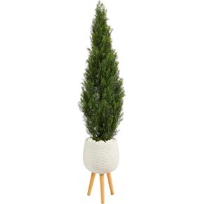Nearly Natural 5ft. Cedar Artificial Tree in White Planter with Stand (Indoor/Outdoor)