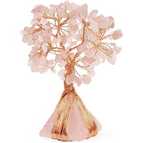 Rose Quartz Copper Wire Stone Tree- Bonsai Feng Shui Gemstone Decorative Tree with Rose Quartz Pyramid Base