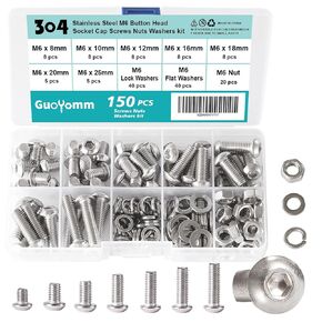 80 PCS M6 x 30mm 35mm 40mm 45mm 50mm, Button Head Socket Cap Screws Bolts Washers Nuts Assortment Kit, Stainless Steel 304, Metric Allen Hex Drive