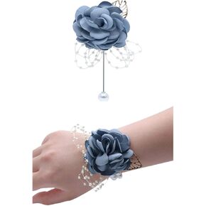 Rose Wedding Wrist Corsage and Boutonniere Set Party Prom Hand Ribbon Flower Suit Decor (Champagne Pink)