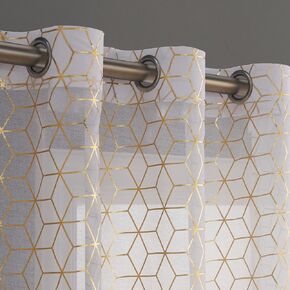 LOYOLADY Foil Gold Cube White Sheer Curtains 96 inches Long 2 Panels Set Bedroom Sheer Curtains Grommet Sheer Curtains for Living Room 52" W x 96" L