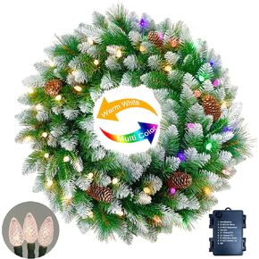 26 inches Pre-lit Artificial Christmas Wreath with Red Berries, Pine Cones, 40 C3 Dual-Color Multi-Functional Battery Operated LED Lights with Timer