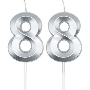 Silver 88th Birthday Candles for Cakes, Number 88 8 Candle Cake Cupcake Topper for Birthday Anniversary Party Decoration