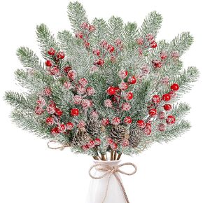 Sggvecsy 6 Pack Snow Frosted Christmas Berries Pine Picks Artificial Red Berry Pine Branches Faux Pine Stem with Pine Cones for Xmas Tree Wreath DIY Craft Floral Arrangement Holiday Decor (Red)