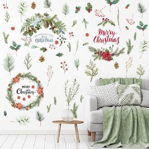 Spiareal 4 Pcs Christmas Decal Stickers Wall Decals Merry Wreath Peel and Stick Pine Cones Clings Removable for Window Playroom Bedroom
