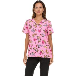 The Flintstones Women's All Over Print V-Neck Scrub Top with Pockets - Comfortable Work Uniform