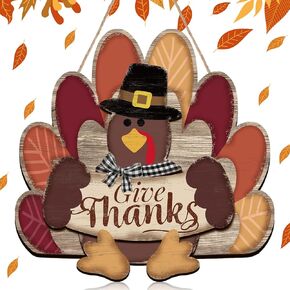 Huwena Thanksgiving Signs Door Decorations Turkey Hanging Sign Give Thanks Sign Wood Vintage Fall Door Sign Rustic Wall Plaque Wreath Hanging Decoration for Outdoor Outside Porch