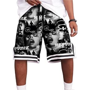 GORGLITTER Men's Striped Hem Drawstring Basketball Shorts Figure Graphic Quick Dry Running Gym Shorts