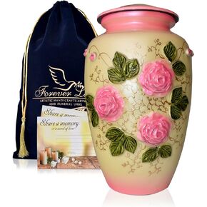 Urn for Ashes - Handcrafted Metal Cremation Urn with Rose Decor, Keepsake Urn for Human Ashes, Decorative Funeral Urn for Home (Pink Flower)