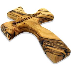 Bless This Child Olive Wood Comfort Cross | Made of Genuine Olive Wood from Trees Grown in the Holy Land | Makes a Great Baptism Gift for Boys or Girls!