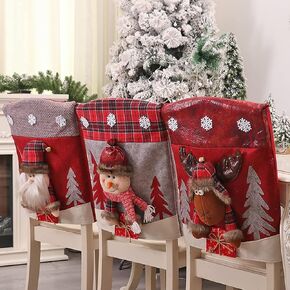 Christmas Chair Back Covers Set of 6, 3D Cute Santa Claus Snowman Reindeer Xmas Dinner Chair Covers Christmas Dining Chair Slipcovers for Home Kitchen Holiday Festive Party Decorations