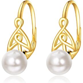 14K Solid Gold Freshwater Pearl Drop Leverback Earrings for Women Girls Cubic Zirconia Pearl Dangle Jewelry Gift (9MM Freshwater Pearl)
