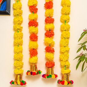 TIED RIBBONS 5 Pcs Artificial Mogra Flower Indian Garlands with Bells | 2.5 Feet, White | Jasmin Flower Garland for Door, Indian Decorations for Home, Wall, Window, Diwali Decor | Indian Toran Latkan