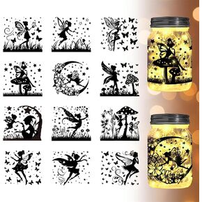 12 pcs Fairy Silhouettes Jar Decals Rub on Transfer Stickers for Crafts Vivid Angel Lantern Cutouts Ornaments Mushroom Butterfly Scrapbook for Fairy Transfer Stickers for Glass Wall