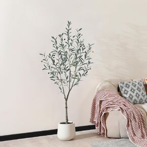 Artificial Olive Tree,7ft Tall Faux Olive Trees with White Planter,Large Fake Olive Plant with Natural Wood Trunk/Realistic Leaves Fruits for Home Office Decor Indoor and Housewarming Gift