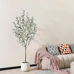 Artificial Olive Tree,7ft Tall Faux Olive Trees with White Planter,Large Fake Olive Plant with Natural Wood Trunk/Realistic Leaves Fruits for Home Office Decor Indoor and Housewarming Gift