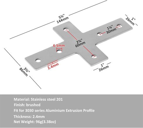 10 قطع لوحة مسطحة متقاطعة ذات 6 فتحات، حامل موصل من الفولاذ المقاوم للصدأ بأربعة اتجاهات تثبيت خارجي لملف سحب الألومنيوم بفتحة Standrad 3030 T، طابعة ثلاثية الأبعاد، سمك 2.4 مم in Kuwait