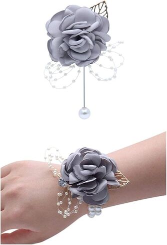 Rose Wedding Wrist Corsage and Boutonniere Set Party Prom Hand Ribbon Flower Suit Decor (Champagne Pink) in Saudi Arabia