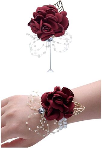 Rose Wedding Wrist Corsage and Boutonniere Set Party Prom Hand Ribbon Flower Suit Decor (Champagne Pink) in Saudi Arabia