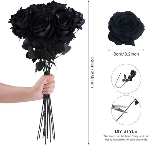 12 Pcs Black Roses Artificial Flowers with Long Stem, Faux Silk Rose Bouquet Realistic Lifelike Fake Floral Bundles for Halloween Valentine's Day Wedding Party Table Centerpiece Decor, Large in Saudi Arabia