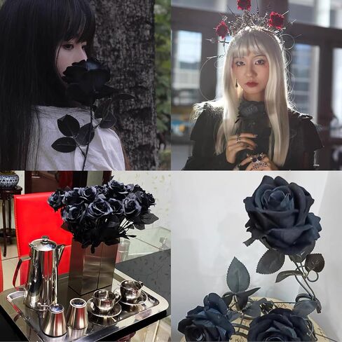 12 Pcs Black Roses Artificial Flowers with Long Stem, Faux Silk Rose Bouquet Realistic Lifelike Fake Floral Bundles for Halloween Valentine's Day Wedding Party Table Centerpiece Decor, Large in Saudi Arabia