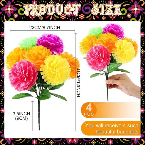 Zeyune 4 Pcs Artificial Marigold Flowers Bunch Day of the Dead Fake Marigold Bulk Silk Bushes Dia de Muertos for Day of the Dead Decoration Fake Orange Halloween Flowers for Party Wedding (Multicolor) in Saudi Arabia