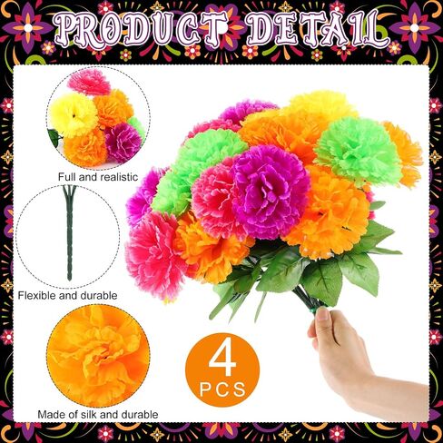 Zeyune 4 Pcs Artificial Marigold Flowers Bunch Day of the Dead Fake Marigold Bulk Silk Bushes Dia de Muertos for Day of the Dead Decoration Fake Orange Halloween Flowers for Party Wedding (Multicolor) in Saudi Arabia