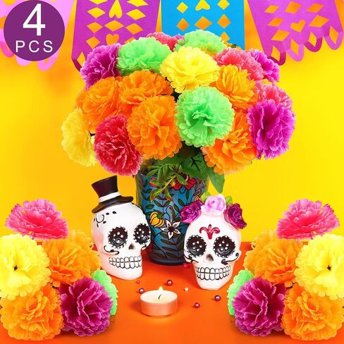 Zeyune 4 Pcs Artificial Marigold Flowers Bunch Day of the Dead Fake Marigold Bulk Silk Bushes Dia de Muertos for Day of the Dead Decoration Fake Orange Halloween Flowers for Party Wedding (Multicolor) in Saudi Arabia