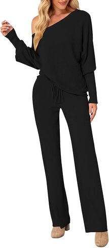 AOHITE Womens 2 Piece Outfits One-Shoulder Knit Pullover Sweaters Top Wide Leg Pants Sets Sweatsuit Tracksuit in Saudi Arabia