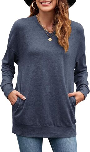 WNEEDU Sweatshirts for Women Casual Long Sleeve V Neck Shirts tunic tops for Leggings With Pockets in Saudi Arabia