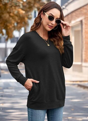 WNEEDU Sweatshirts for Women Casual Long Sleeve V Neck Shirts tunic tops for Leggings With Pockets in Saudi Arabia