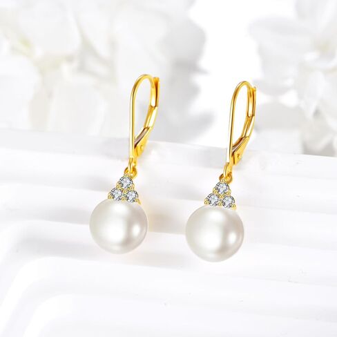 14K الصلبة الذهب لؤلؤ المياه العذبة قطرة Leverback أقراط للنساء الفتيات مكعب زركونيا اللؤلؤ تتدلى المجوهرات هدية (9MM لؤلؤ المياه العذبة) in Kuwait
